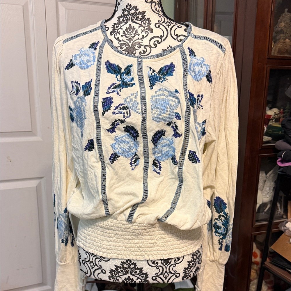 Free People Cream and Blue Floral Blouse